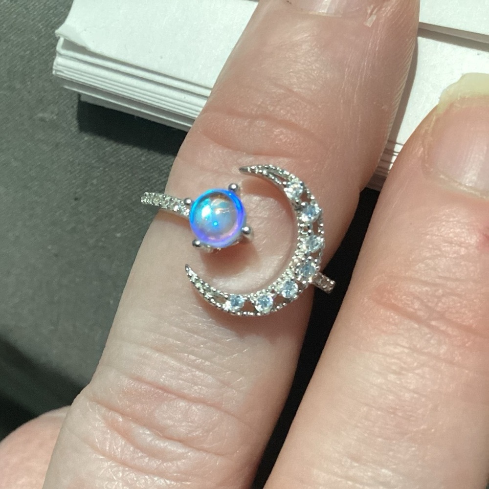 Moon Opal Crescent Ring 925 Sterling Silver CZ Open Ring Celestial Starburst